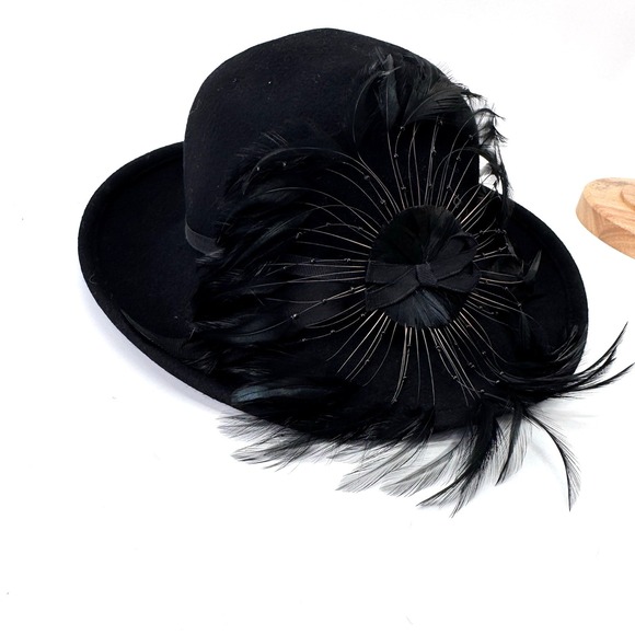 Vintage Wool Felt Wide Brim Hat Beaded Feather Cocktail Formal Derby Church Bow main image 11